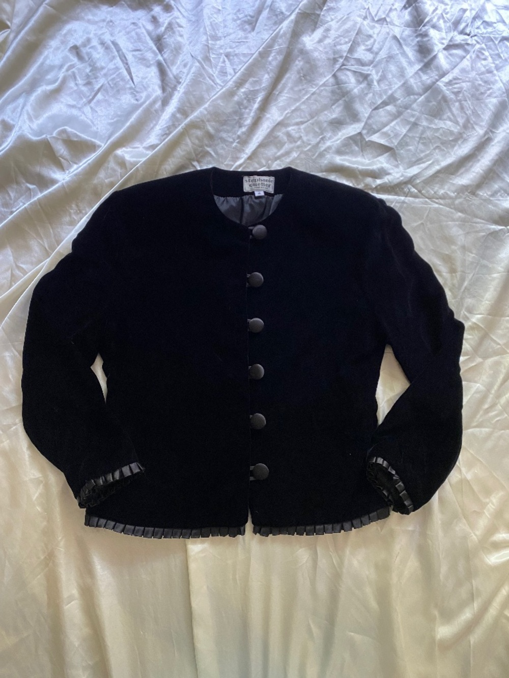 Vintage 1990s Black Velvet Ruffle Blazer Size 4 Preppy Minimalist Chic
